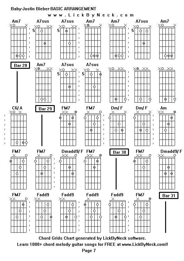 Chord Grids Chart of chord melody fingerstyle guitar song-Baby-Justin Bieber-BASIC ARRANGEMENT,generated by LickByNeck software.